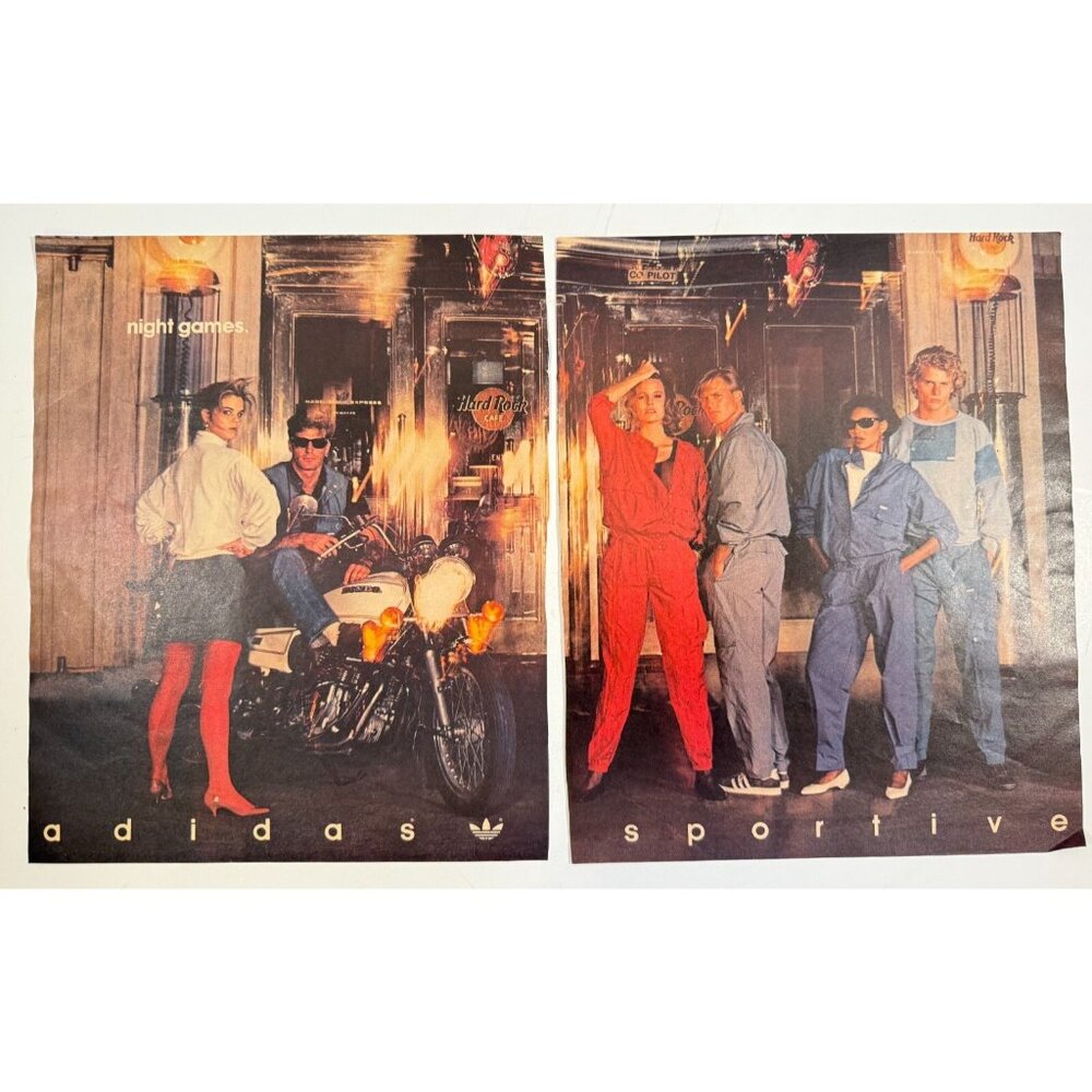 Vtg 1985 Adidas Motorcycle Hard Rock Cafe 2 Page Cut Advertisement Print Ad